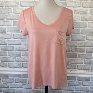Akini Viscose Drapey V-neck Tshirt Pink Relaxed Casual Closet Staple NEW L Pocke